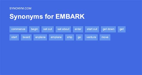 Synonym embark - Synonyms for embark on include begin, start, commence, open, launch, initiate, undertake, tackle, engage and enter. Find more similar words at wordhippo.com!